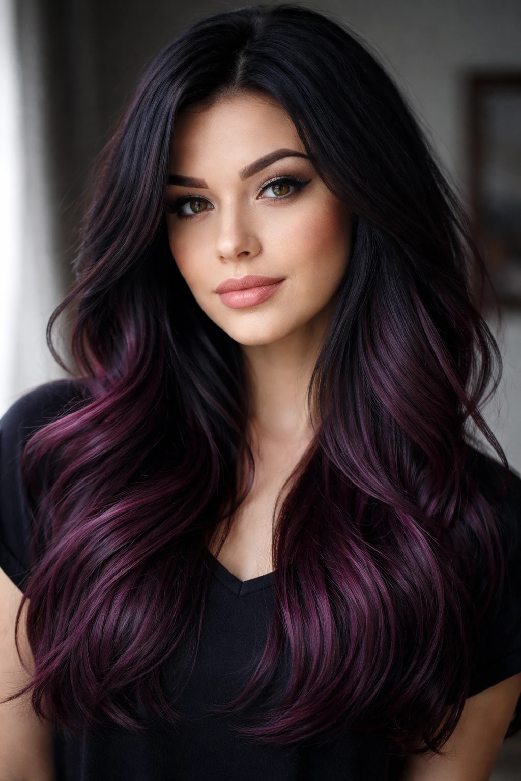 Close-up portrait of a real person with black-to-deep plum ombre hair.