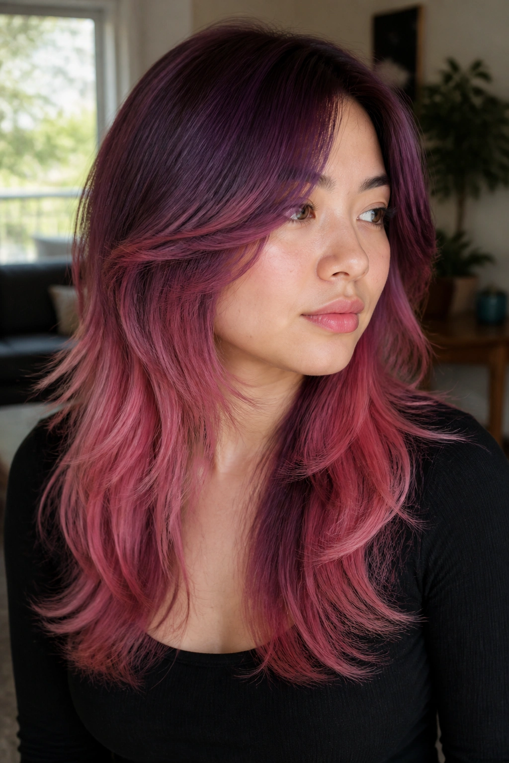 Close-up of a real woman with a butterfly cut and plum-pink melt.