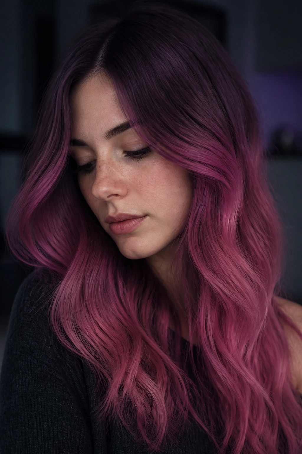 Close-up of plum-pink melt hair with dark roots on a real person