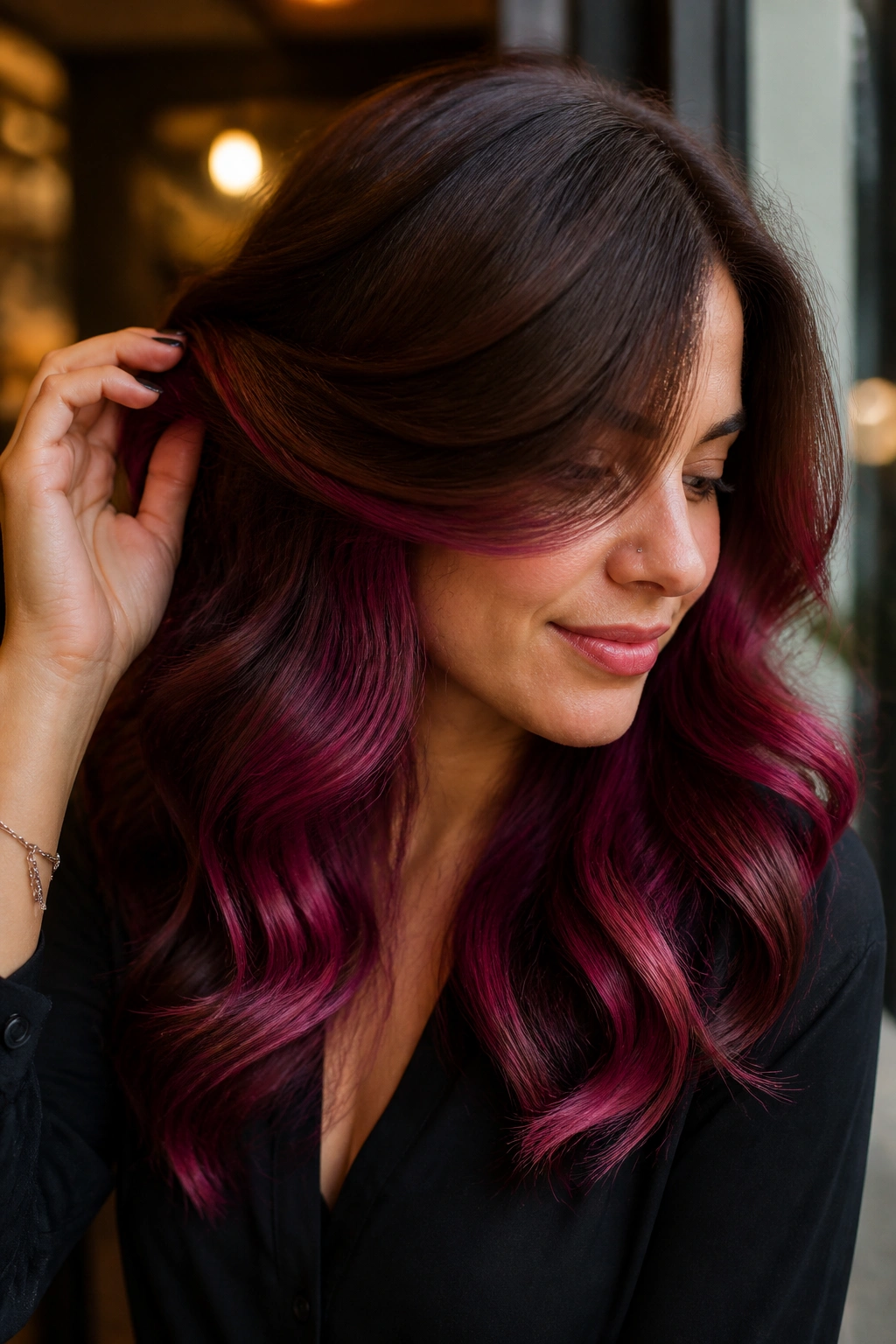 Close-up of a real woman with deep plum pink peekaboo underlayer