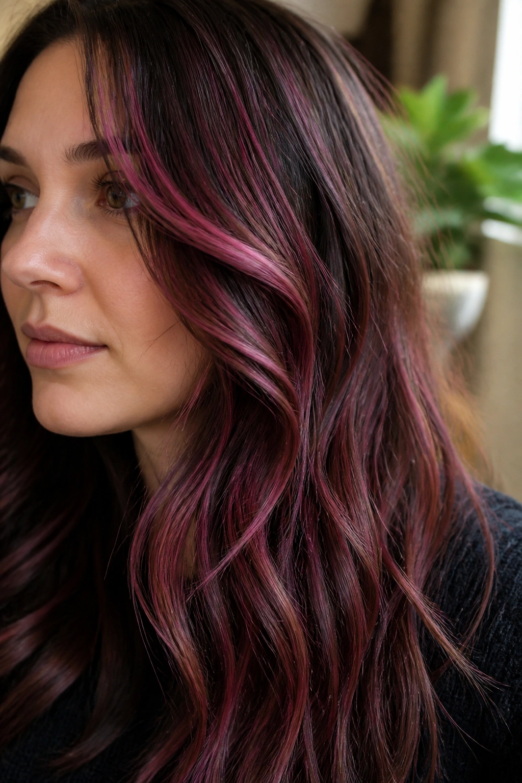 Brunette with wine-tinted plum-pink streaks