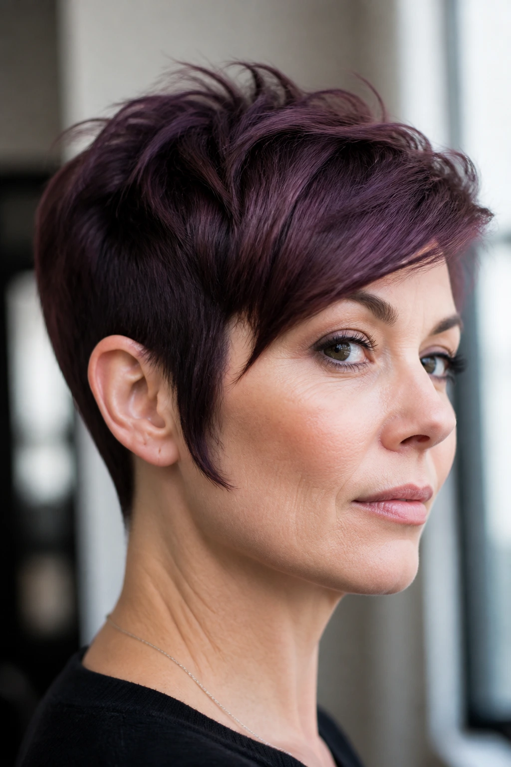 Portrait of plum pixie with distinct sideburn detail