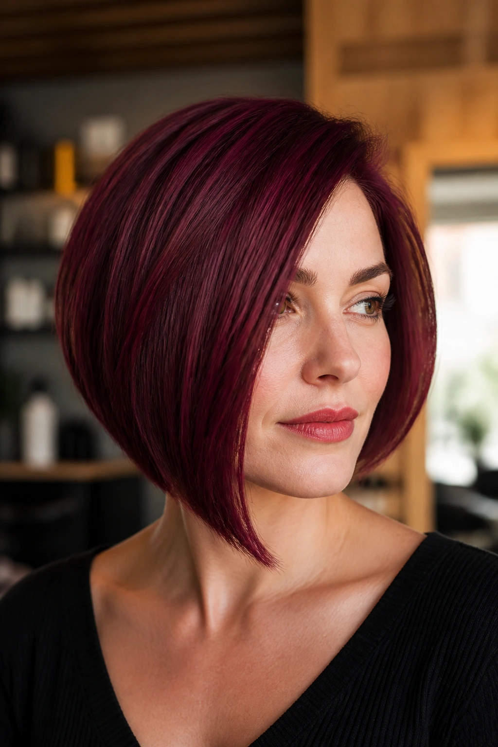 Close-up portrait of a woman with a plum red asymmetrical bob
