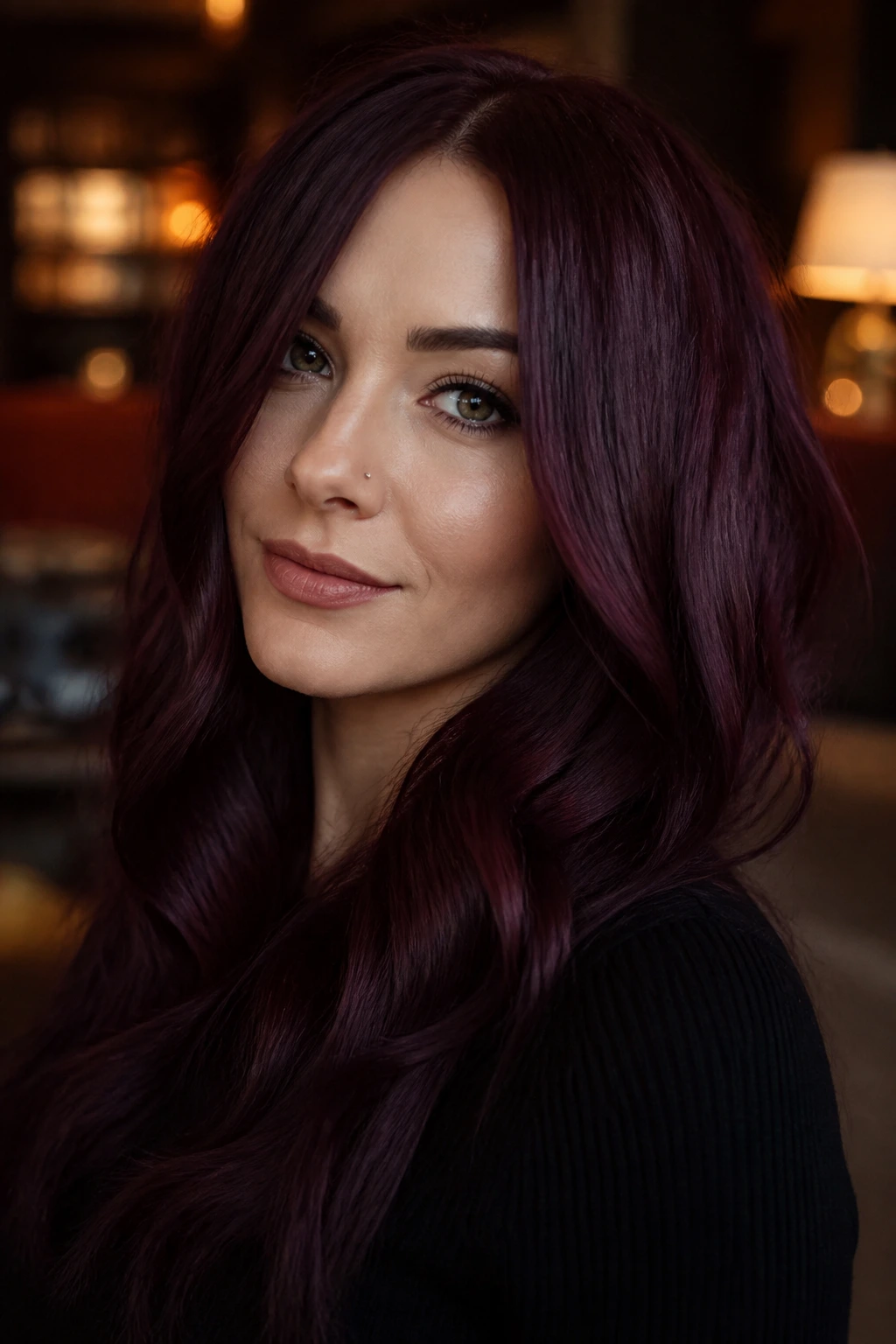 Close-up portrait of a real person with dark plum-red hair in a deep violet-red shade.