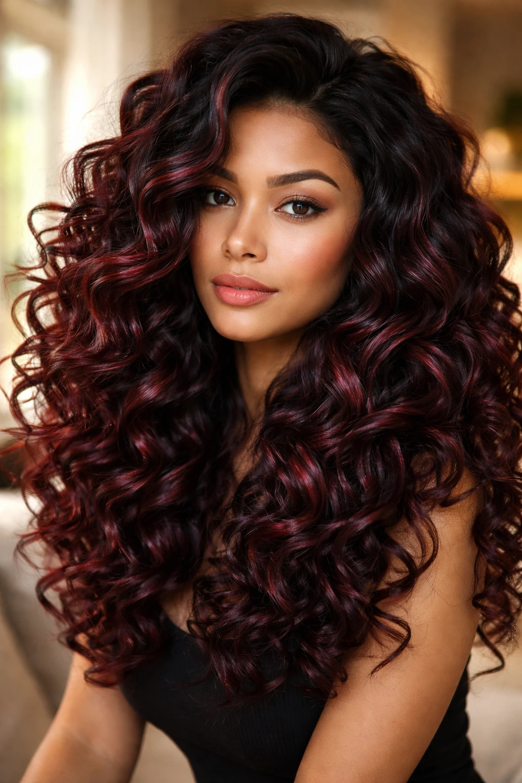 Close-up of a real person with voluminous curls featuring deep plum-red balayage.