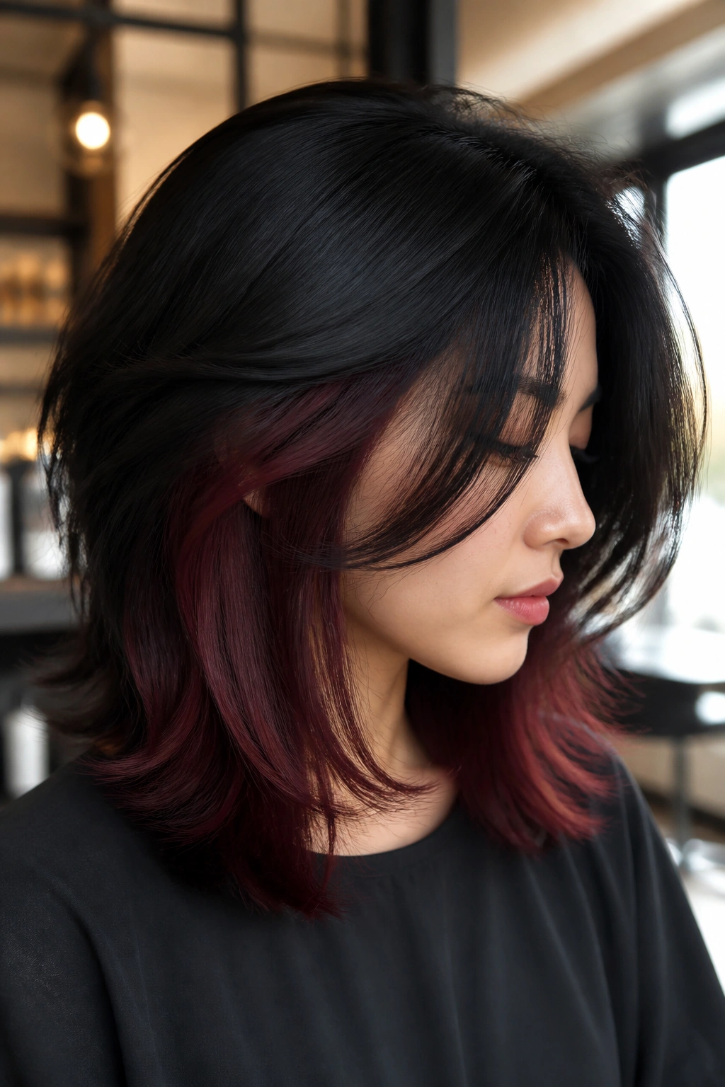 Close-up portrait of plum-red underlayer beneath a layered midi cut on a real person