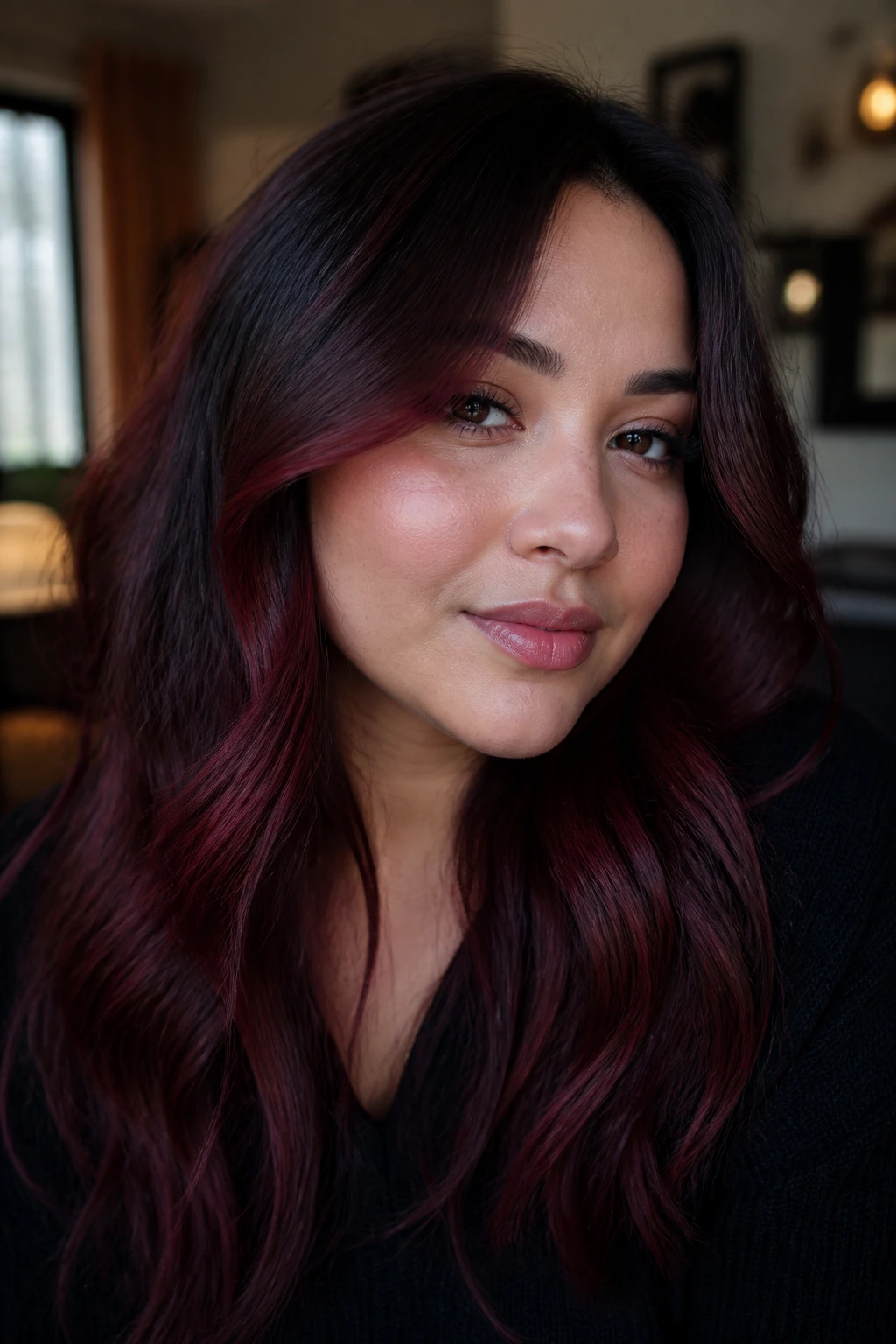 Close-up portrait of a real woman with plum-red highlights in black hair and cool skin tones.