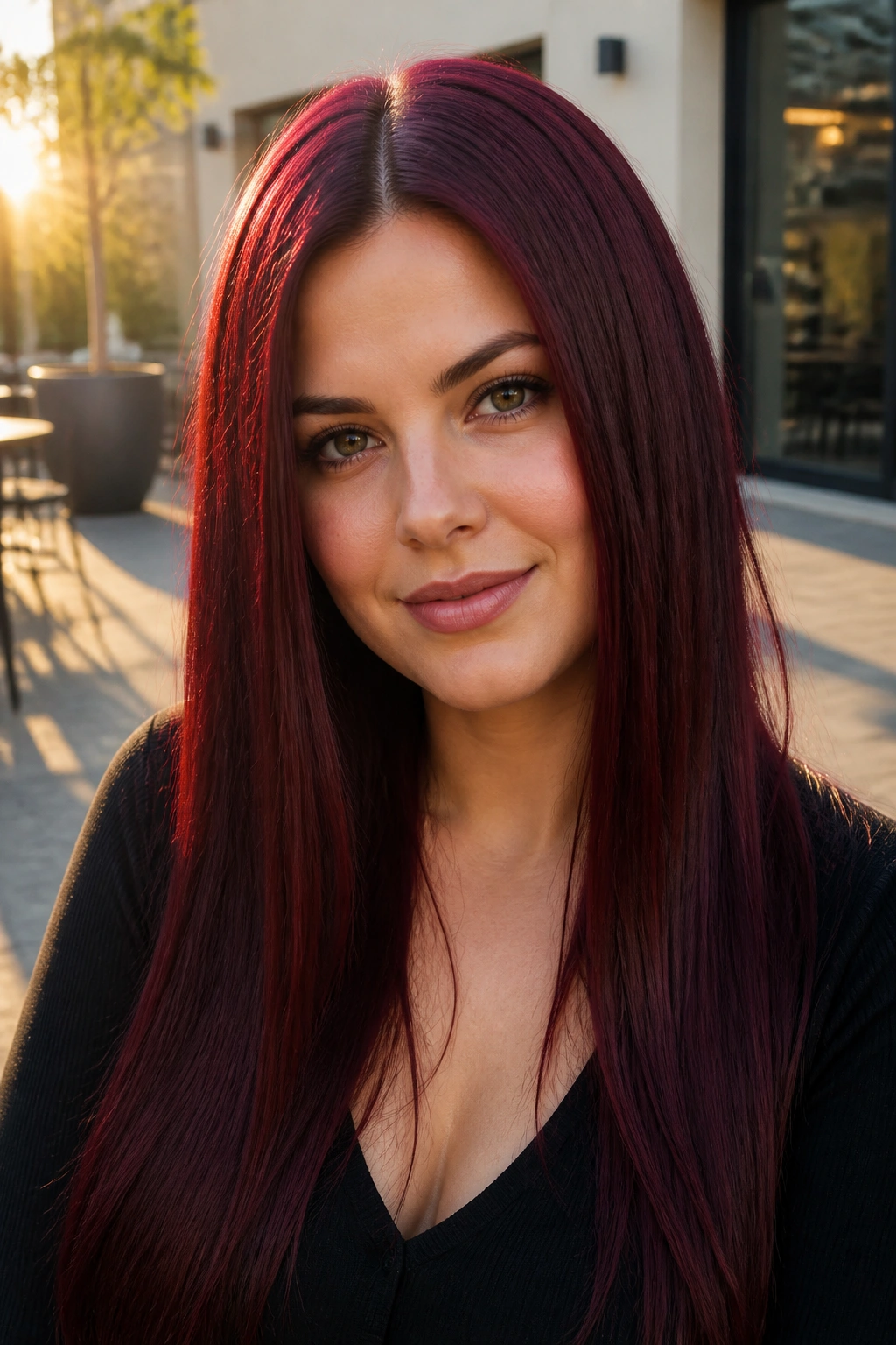 Close-up of a woman with long plum red straight hair