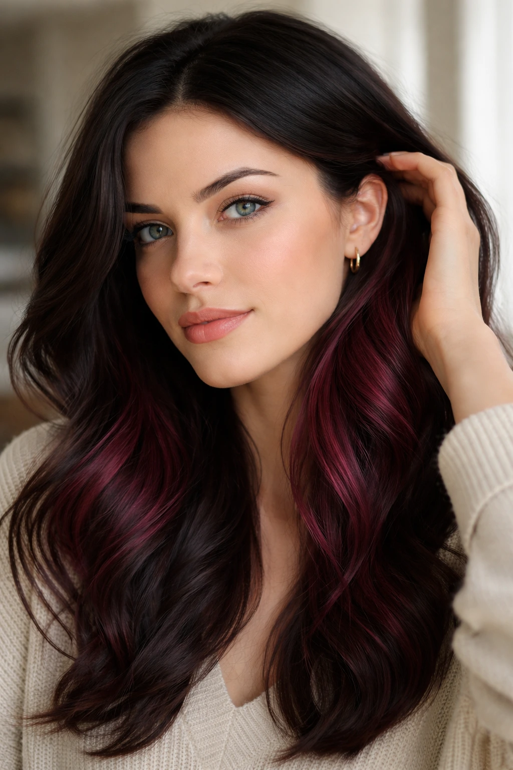 Portrait of a woman with plum-red underlights peeking through darker top layers