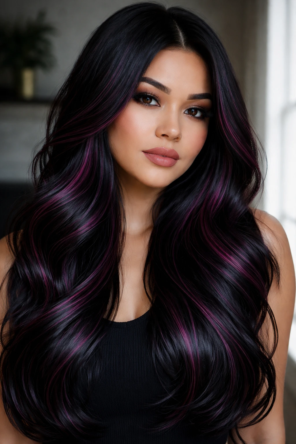Close-up of real person with plum ribbons in black hair