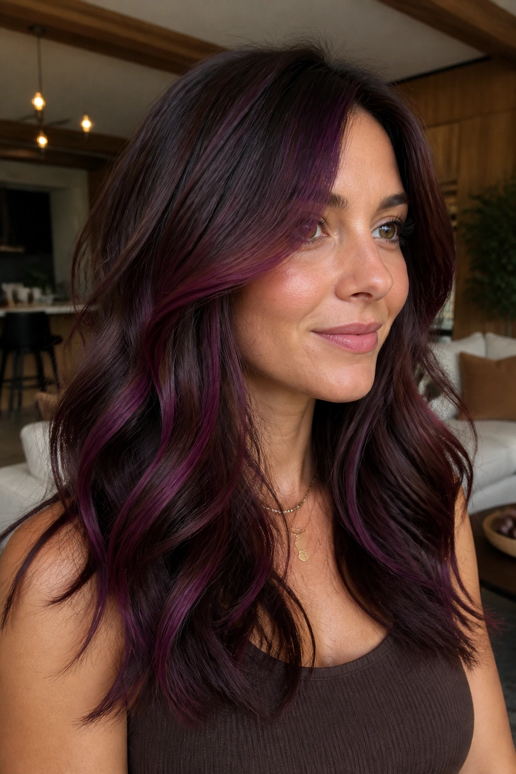 Portrait of a woman with plum ribbons woven through chocolate brown layered hair