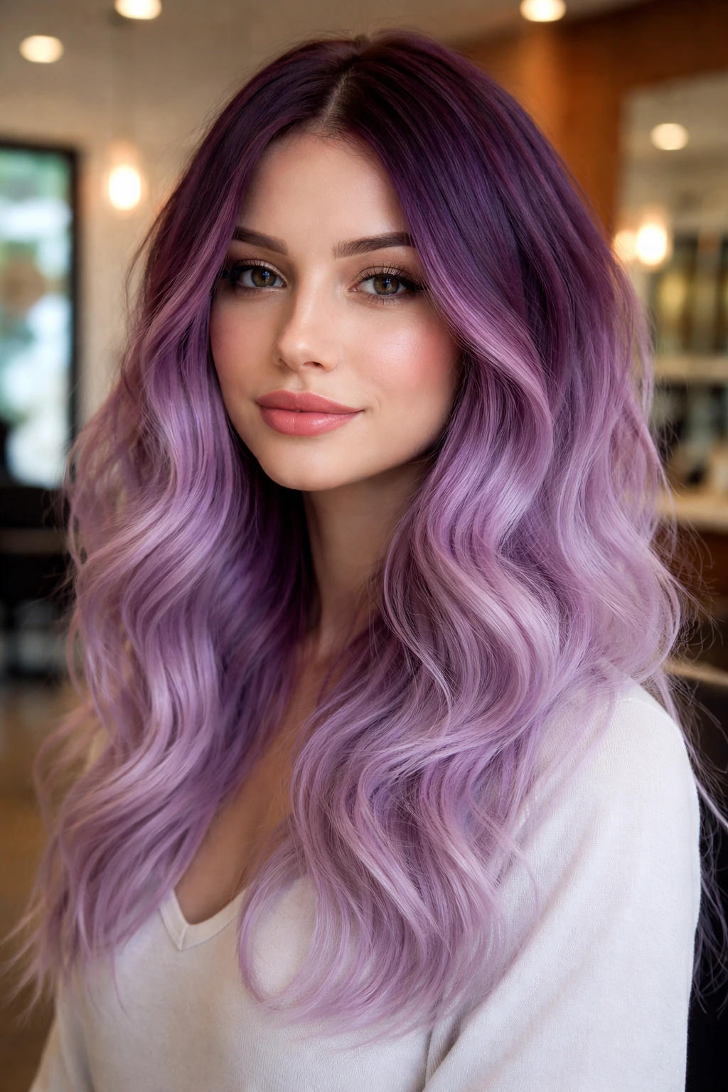 Close-up of hair with deep plum roots fading to pastel ends on a real woman