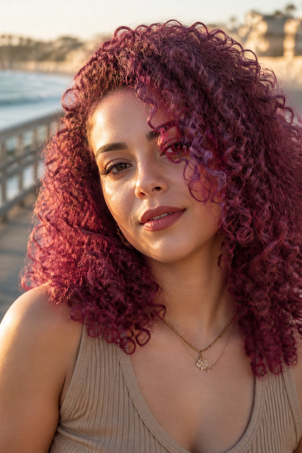 Close-up portrait of a woman with plum rose hair and defined curls