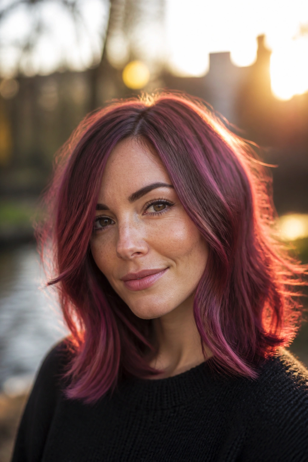 Portrait of a woman with plum rose hair in golden hour light