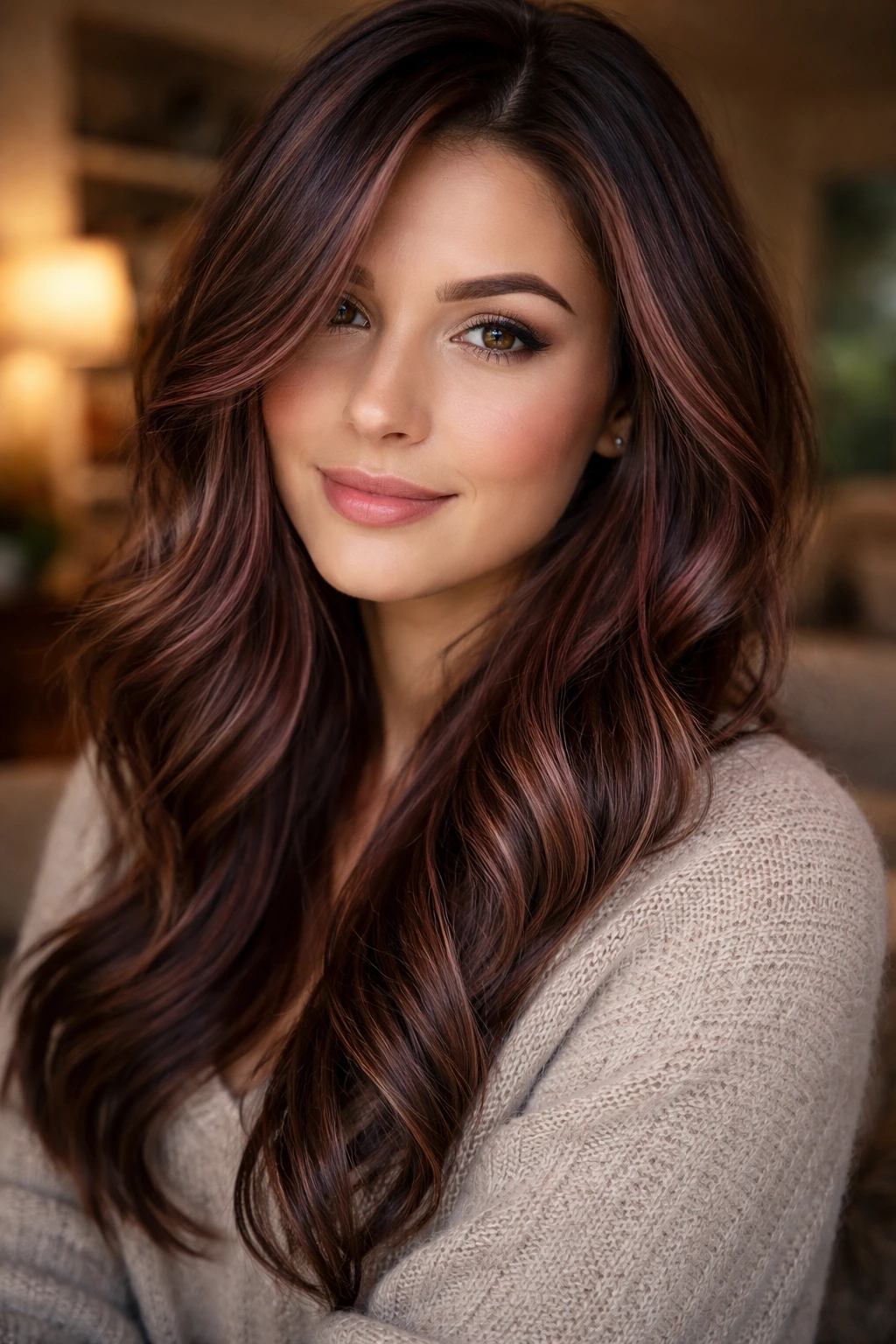 Close-up of warm brown hair with plum-rose lowlights woven through