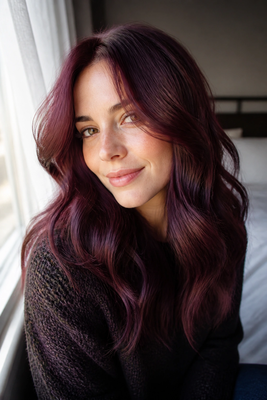 Close-up portrait of a woman with plum-rose mahogany hair by a sunny window