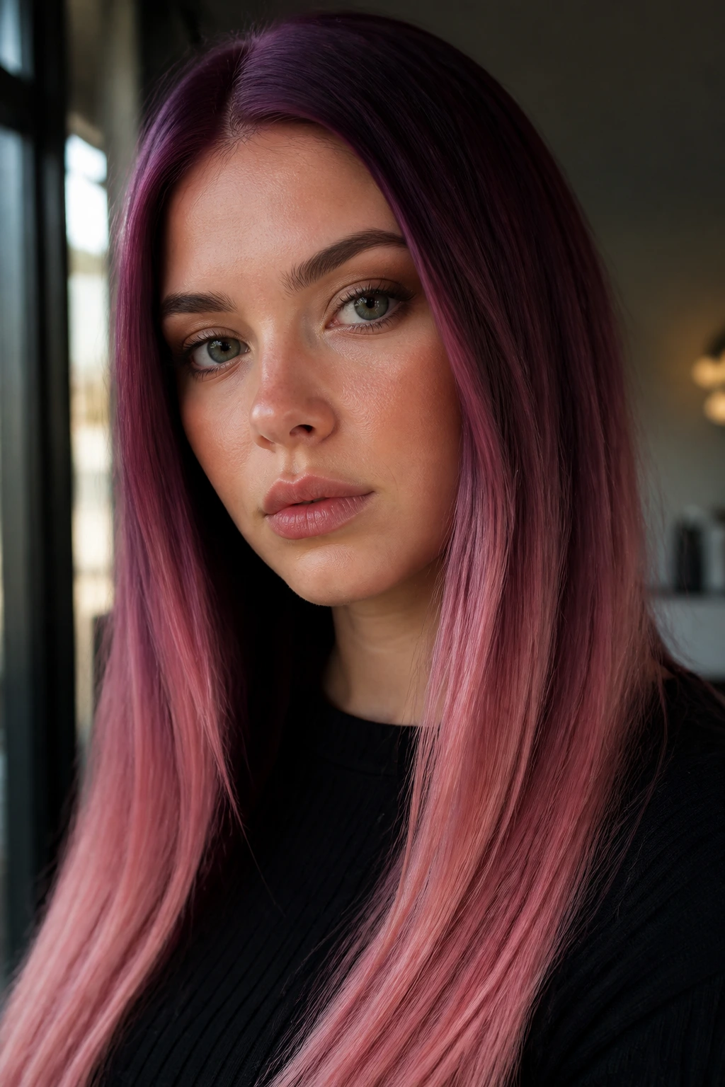 Close-up of a real person with plum-rose ombré on straight hair