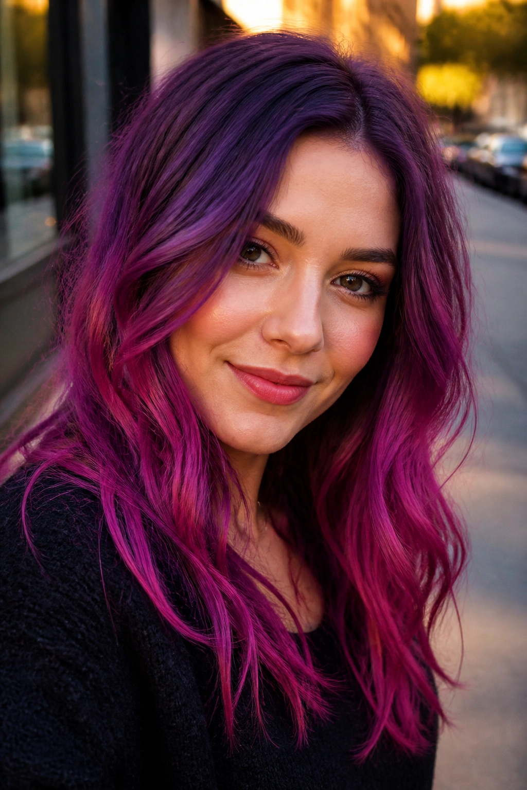 Close-up of a real person with plum shadow root and magenta ends
