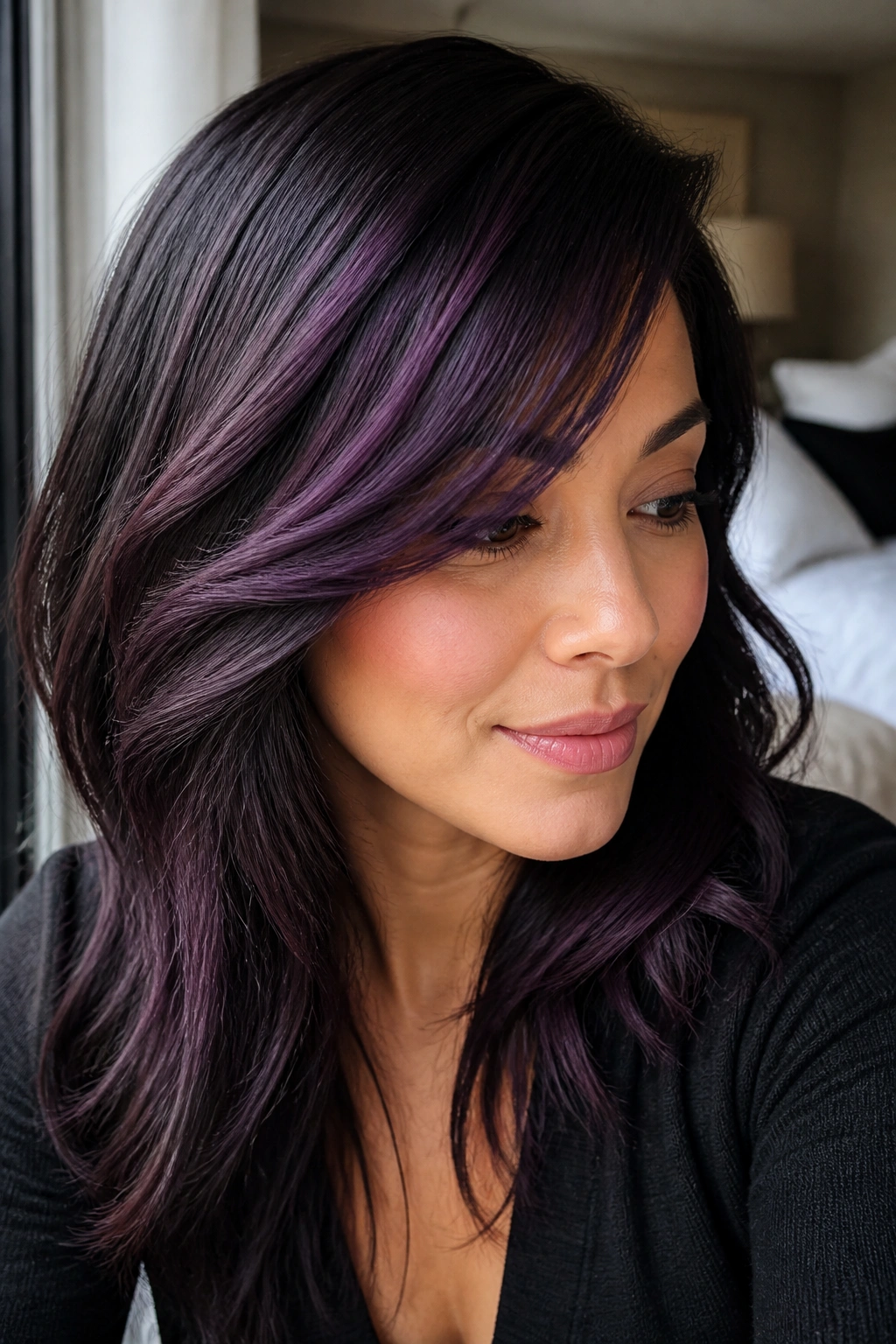 Close-up of a woman with plum face-sweep bangs