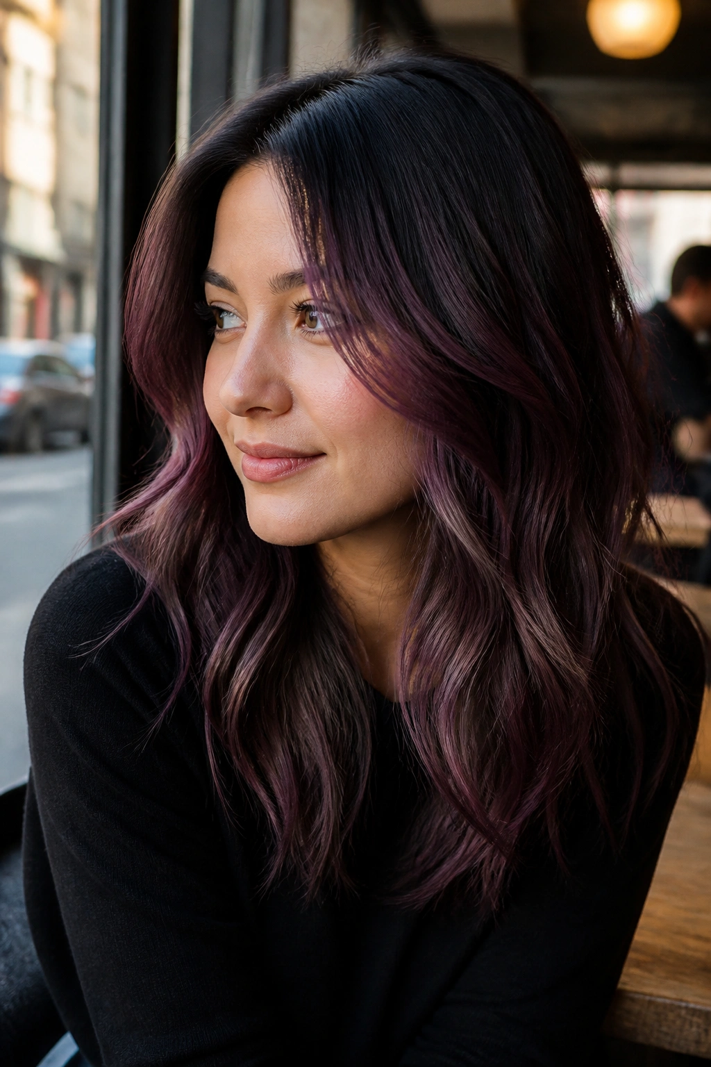 Close-up of a real person with plum smoke balayage on mid-lengths and ends in a cool, ashy plum.