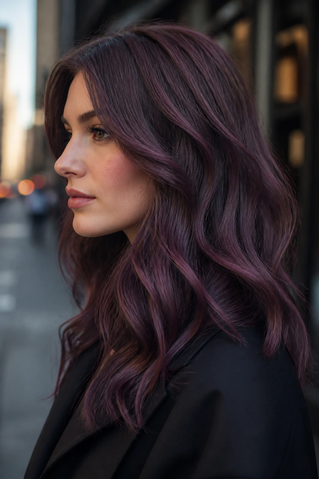 Close-up of plum smoke brunette hair with subtle purple depth
