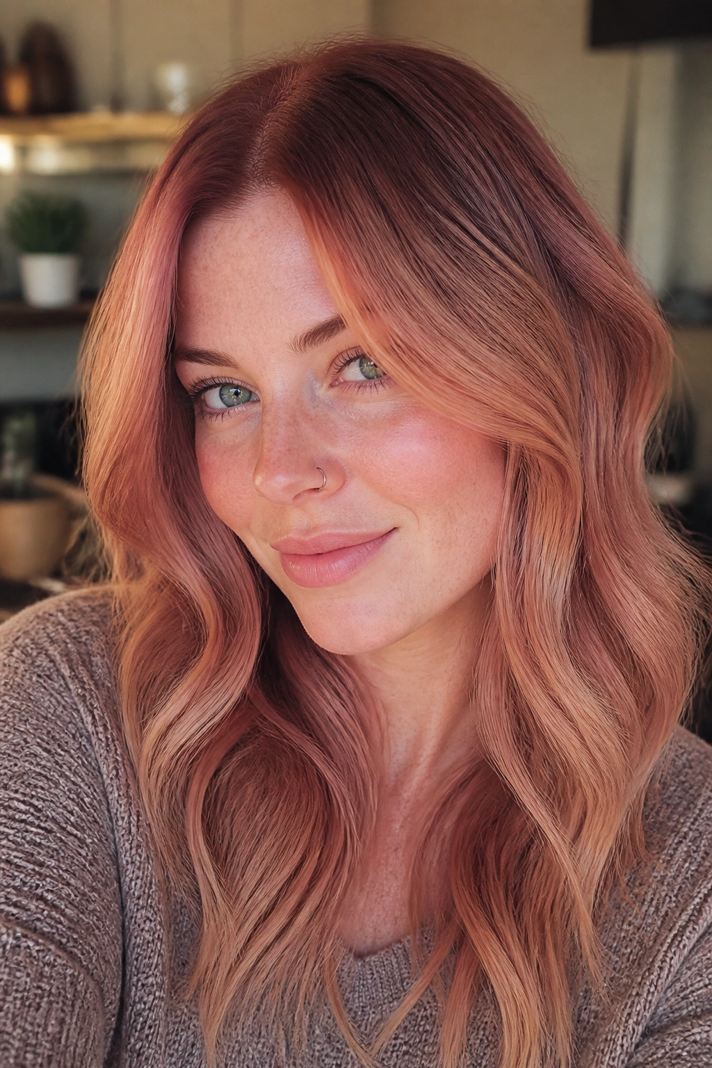 Close-up of a real woman with plum-stamped strawberry blonde hair; deep plum roots and strawberry glaze.