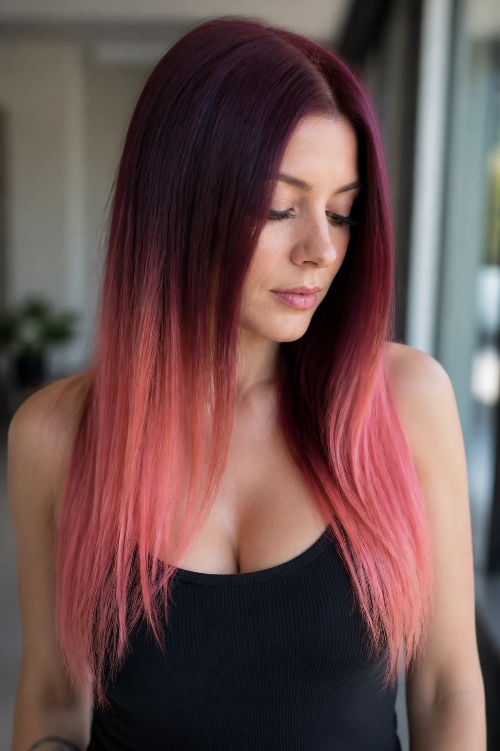 Portrait of a real woman with plum-strawberry dip dye showing dark roots and lighter ends