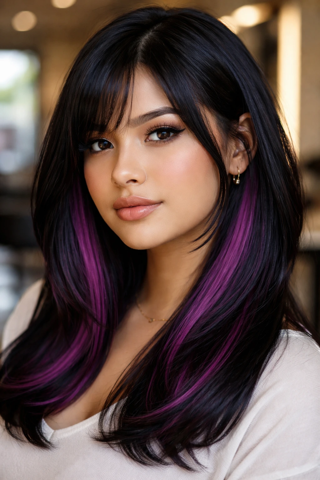 Close-up of a woman with chunky plum streaks near the jawline in purple hair