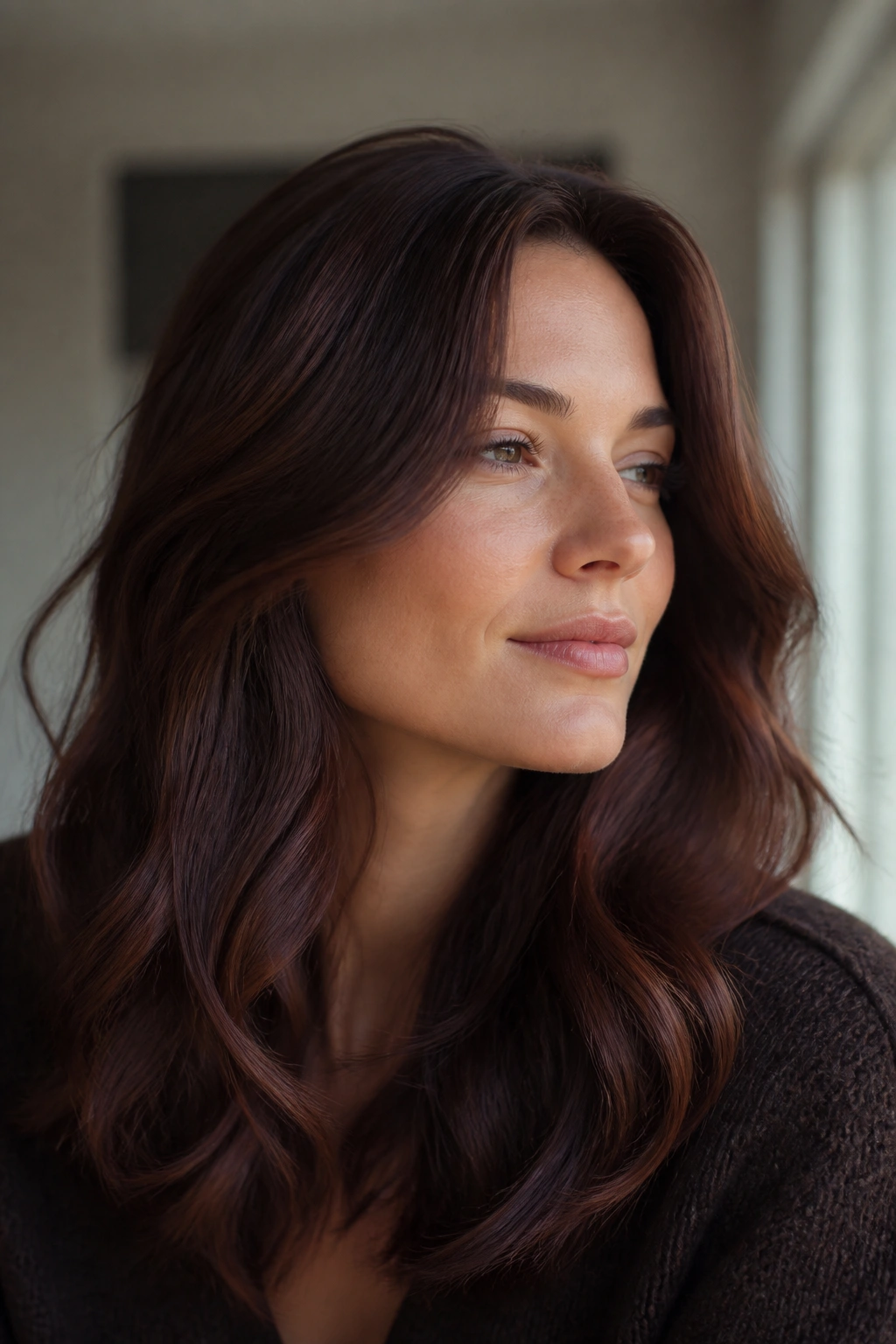 Close-up of a real woman with plum-tinted chestnut brown hair in soft indoor light