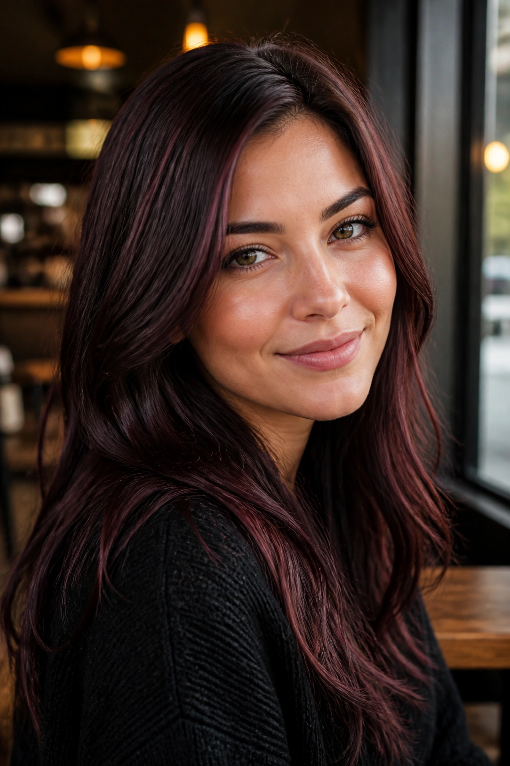Close-up portrait of a real woman with plum-tinted espresso hair in cafe lighting