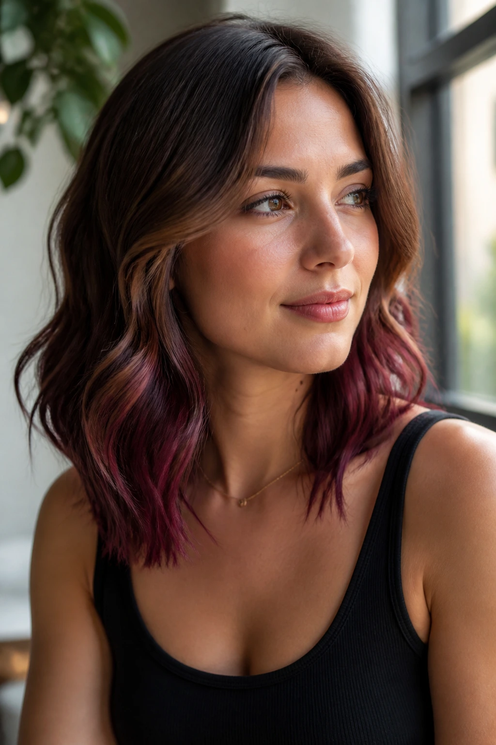 Close-up portrait of a real woman with plum-tipped balayage at the ends on medium brown hair.