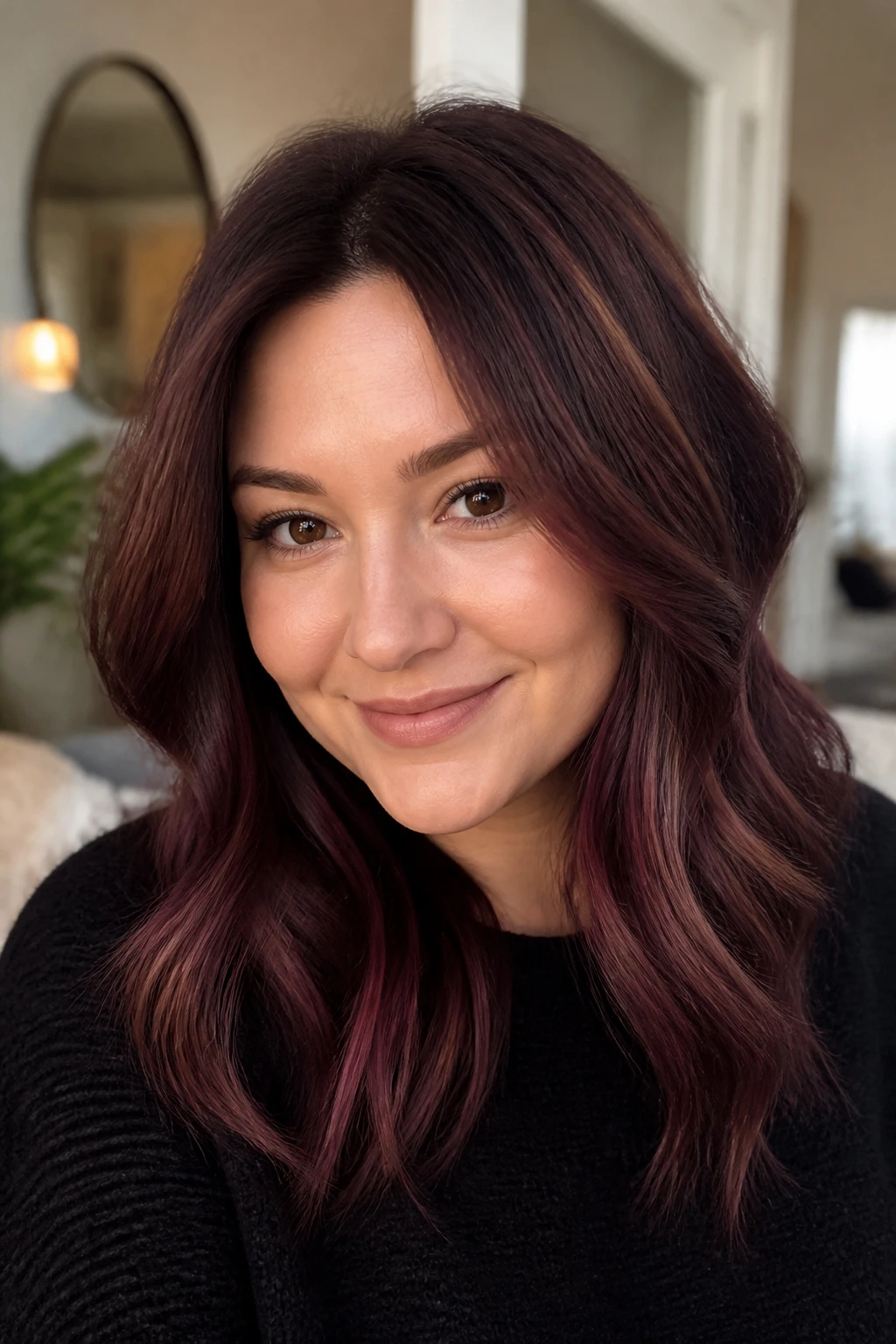 Close-up of a real woman's hair with plum-toned brown highlights along the crown and sides.