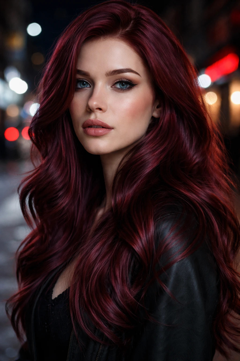 Close-up portrait with plum-toned red ginger hair