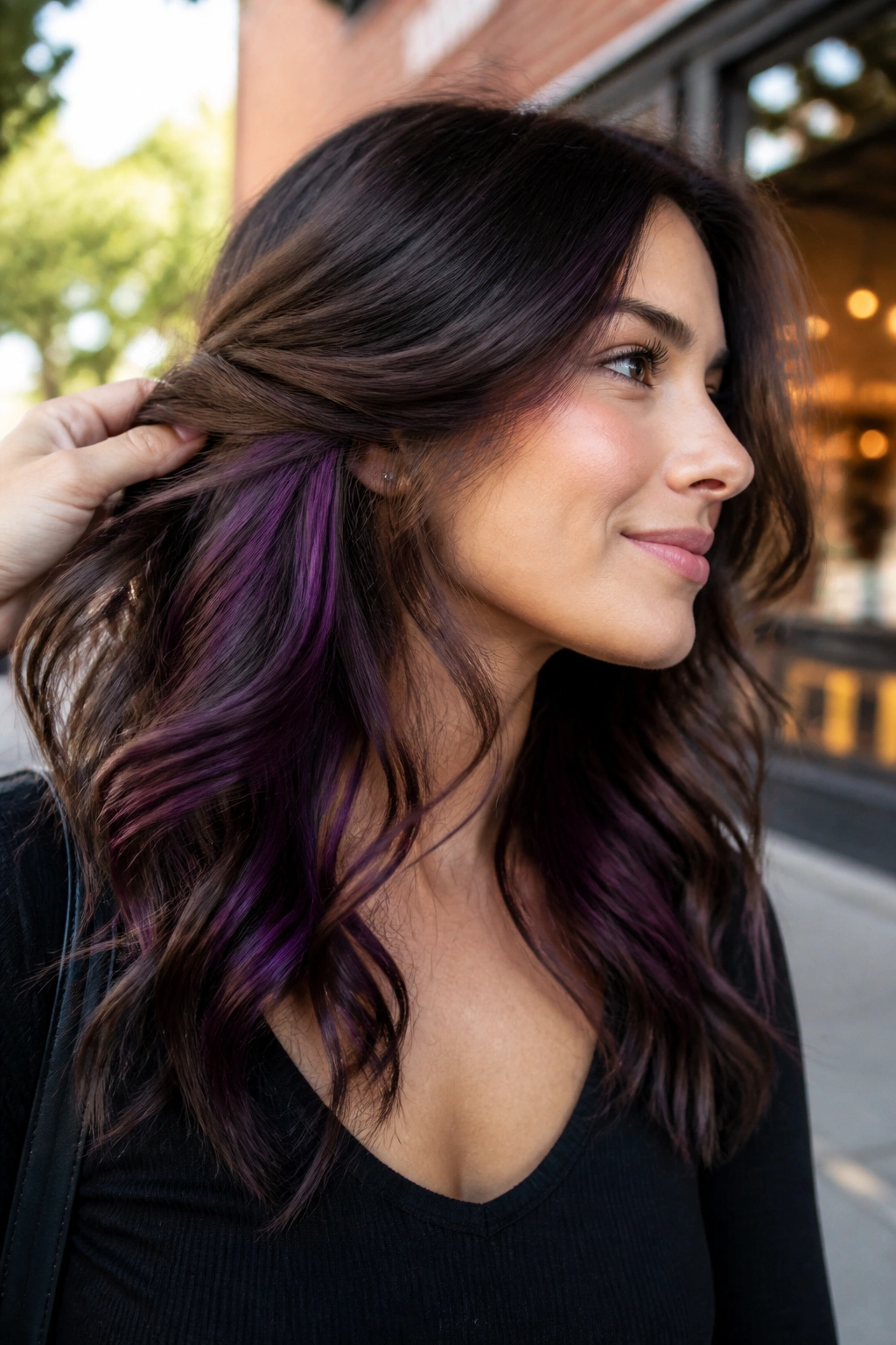 Real woman's hair showing plum underlights under brown layers