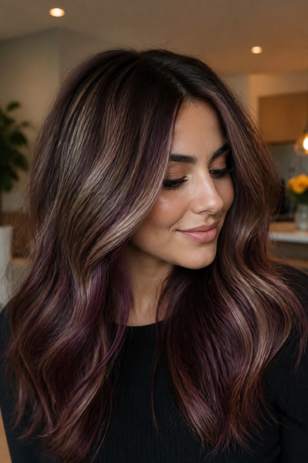 Thick brunette hair with plum veil balayage and airy blonde ribbons.