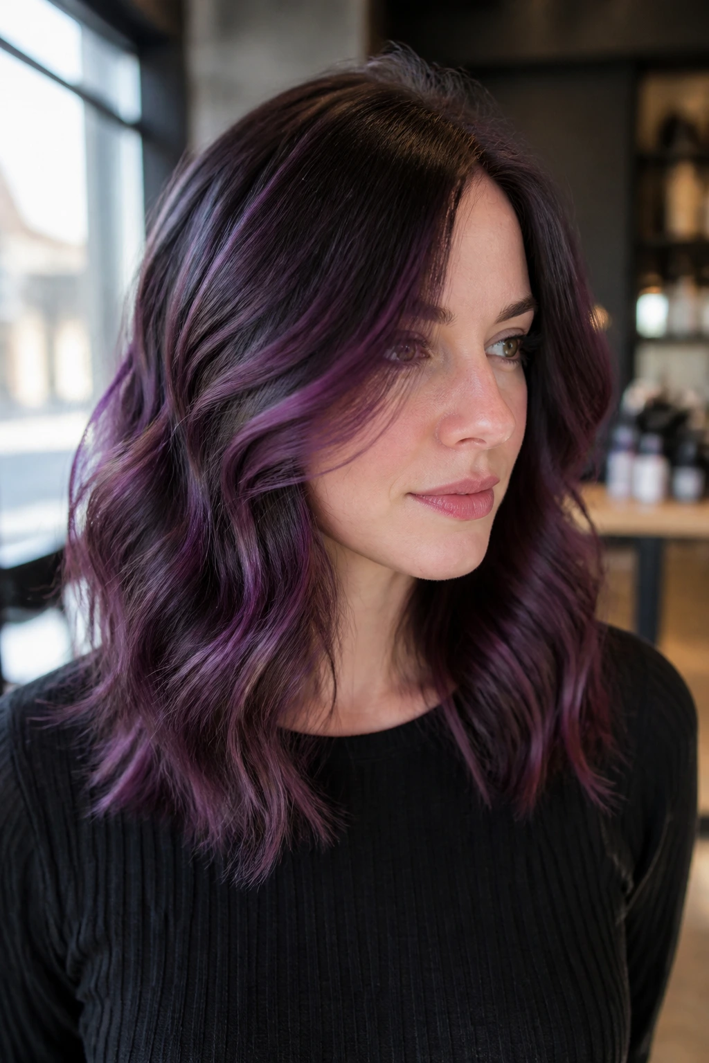 Medium-close portrait of woman with plum velvet balayage