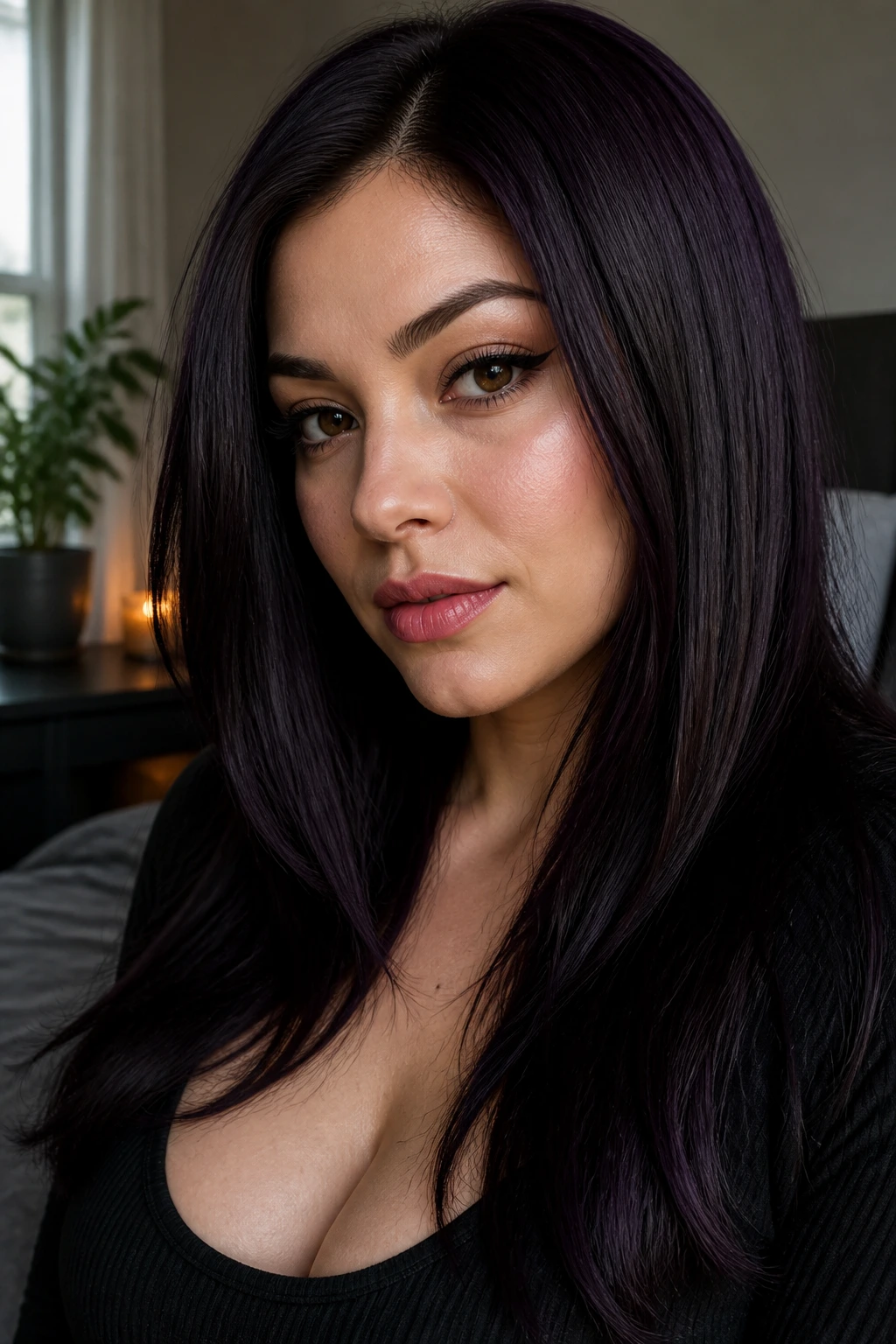 Close-up portrait of a real woman with deep plum hair showing blue-violet undertones and plum sheen