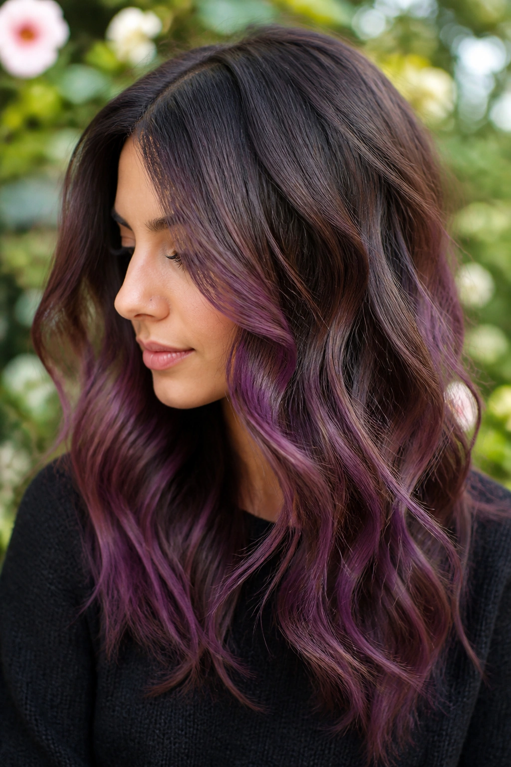 Close-up portrait with plum-violet balayage painted through brown hair.