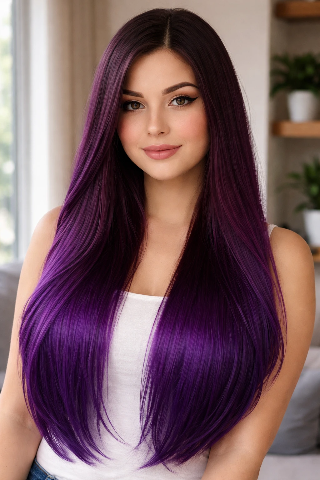 Close-up portrait of a real person with plum to violet ombre on straight hair