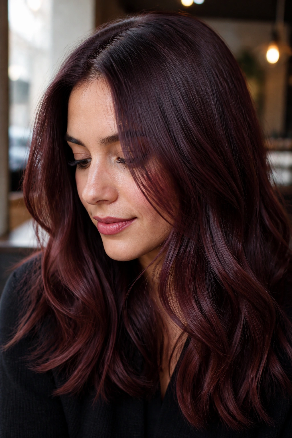 Close-up portrait of a real person with plum wine hair color on medium brown base.