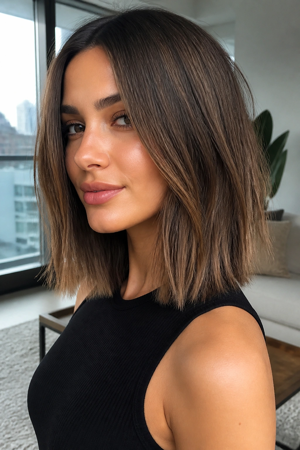 Real person with subtle piecey point-cut lob showing textured ends.