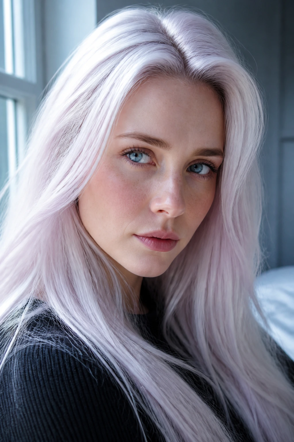 Close-up of a real woman with polar blonde hair and violet tint in bright light
