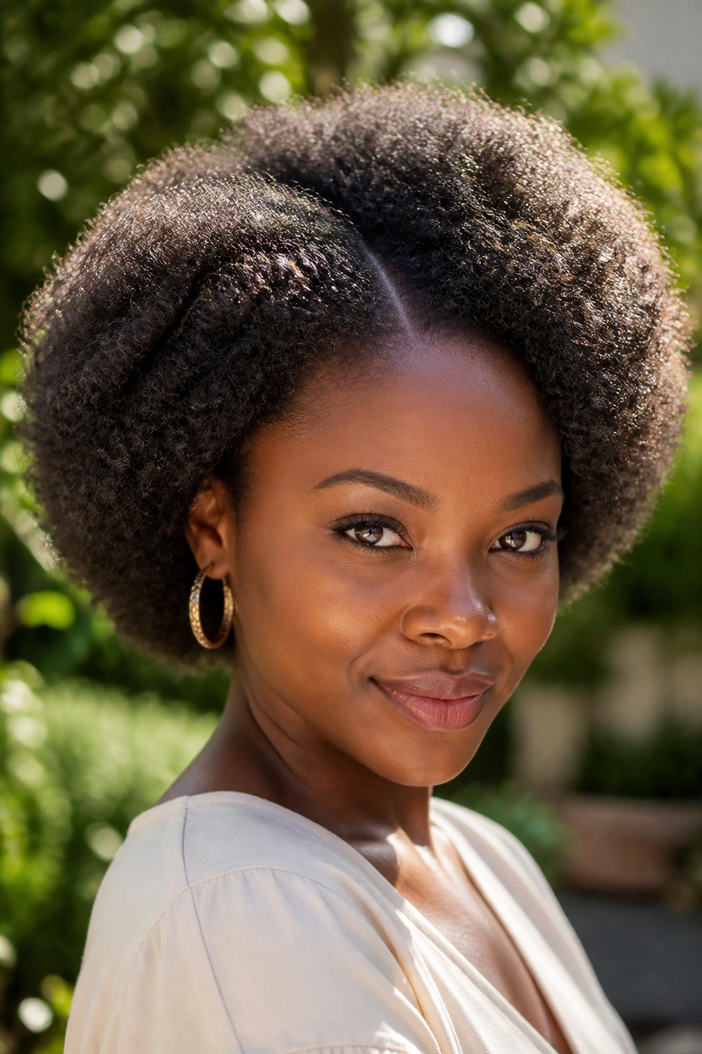 Close-up portrait of a woman with a polished Afro and side part outdoors
