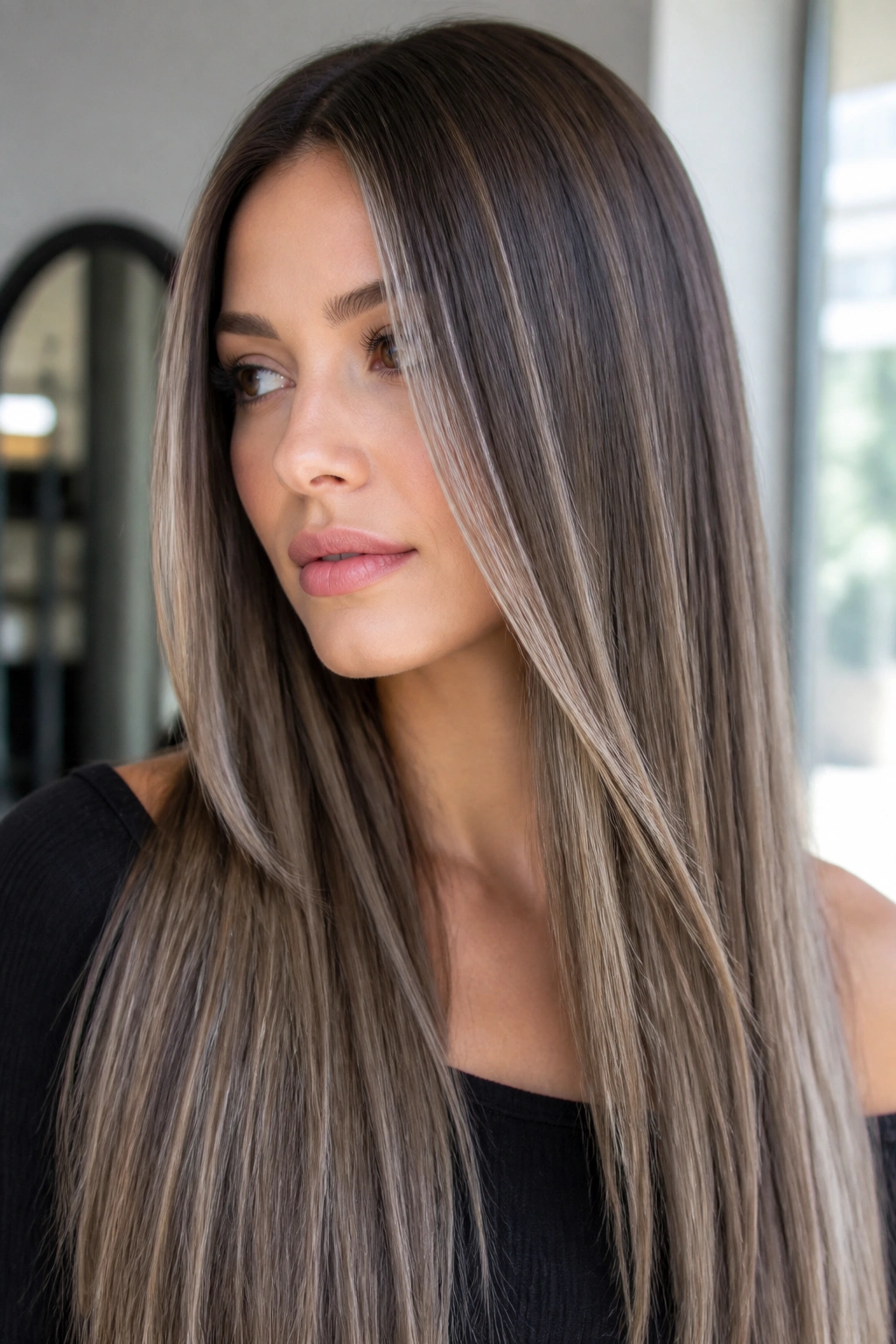 Straight brown hair with polished ash balayage and glossy finish