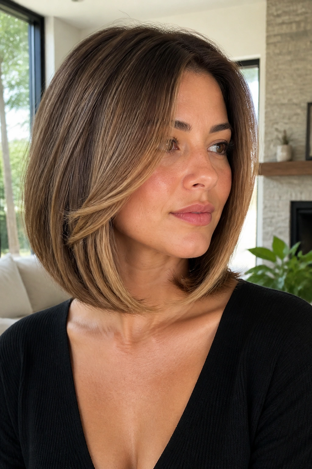 Close-up of a real woman with a polished blowout bob and face-framing layers in a bright living room