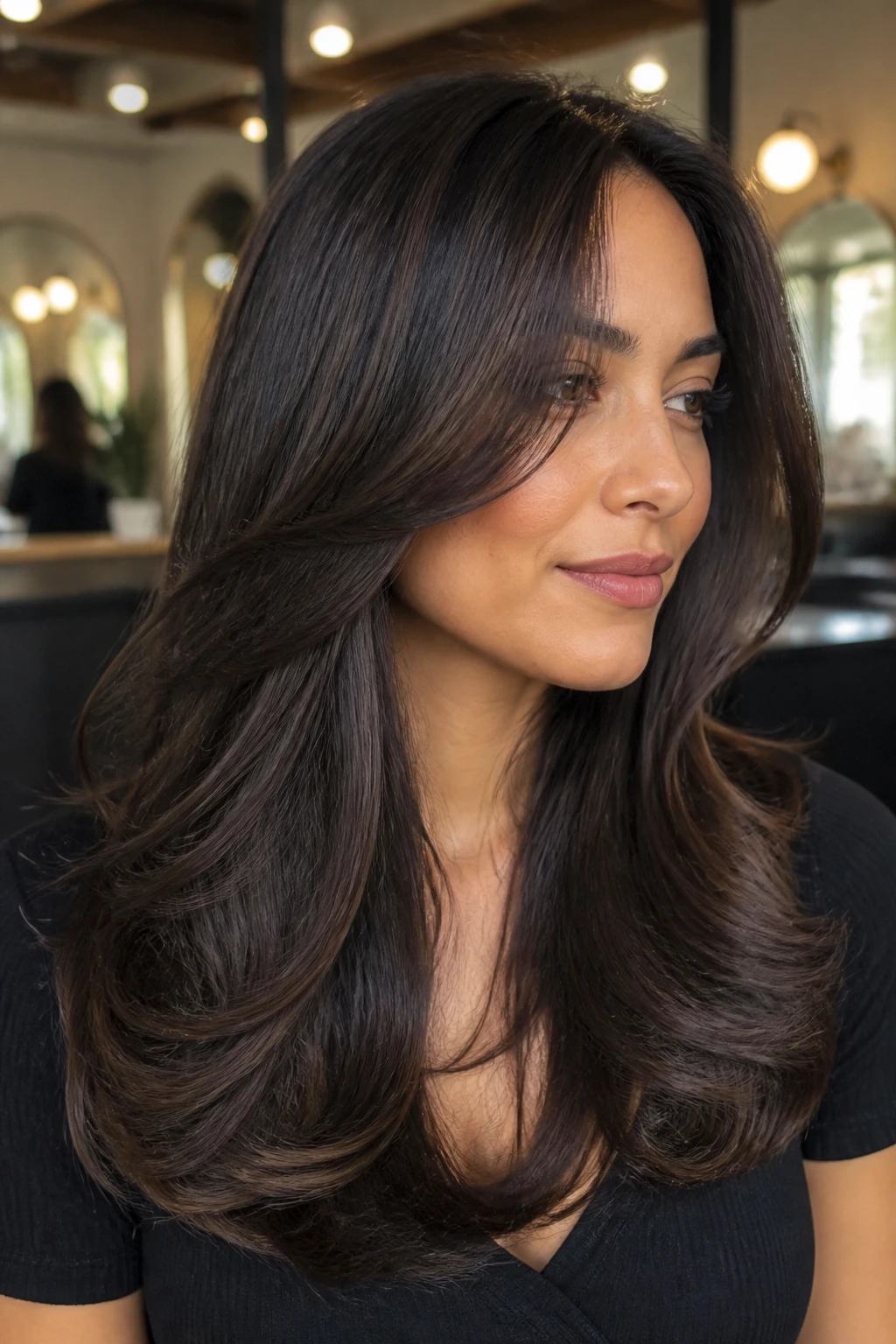Close-up of woman with polished blowout layers and glossy hair