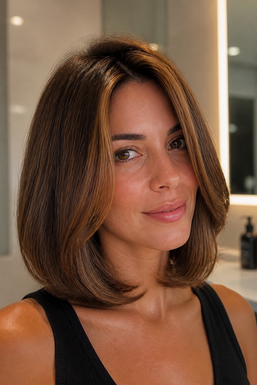 Close-up portrait of a real woman with a polished blowout lob and glossy finish.