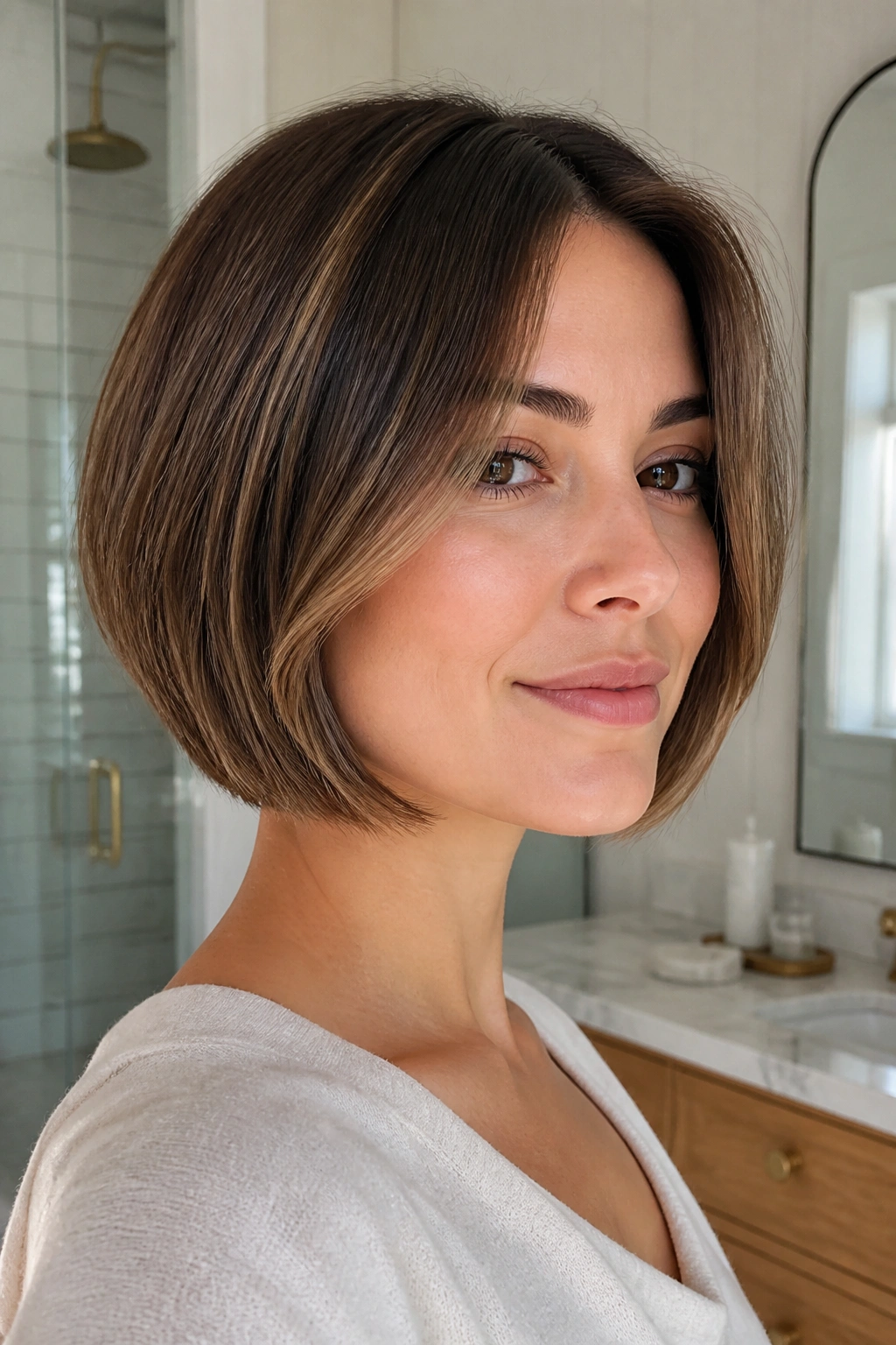 Woman with polished bob and subtle face frame in soft daylight