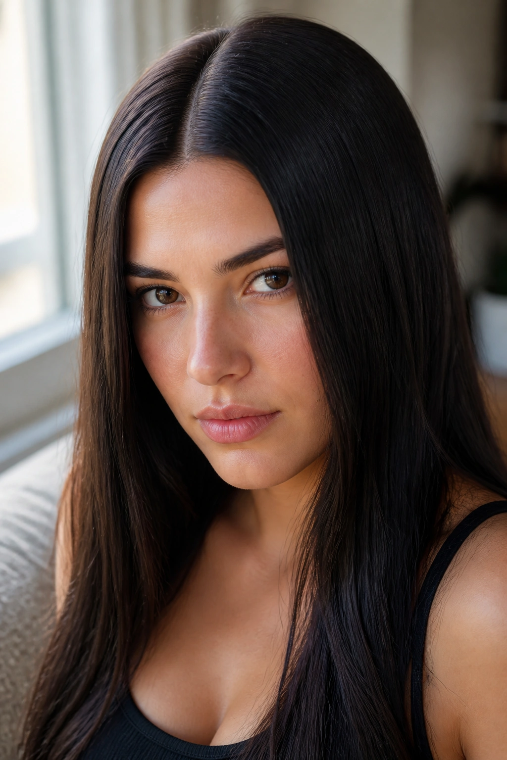 Close-up of a real woman with a polished center part and satin finish hair by a window