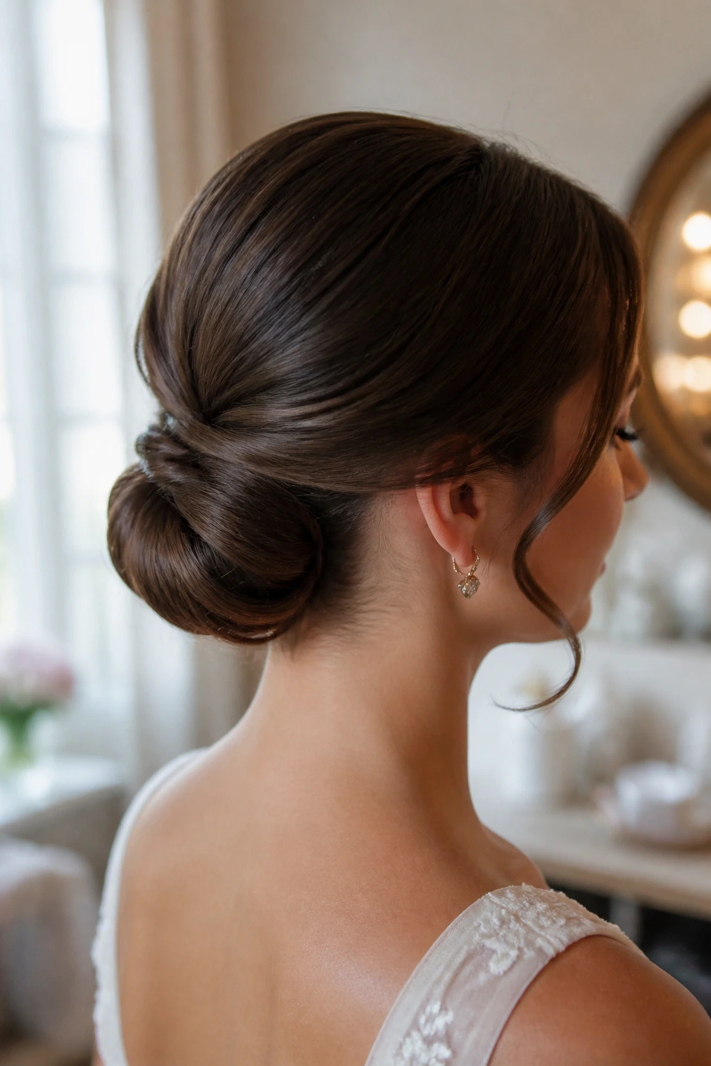 Close-up of a real person with a polished low chignon at the nape for chin-length hair